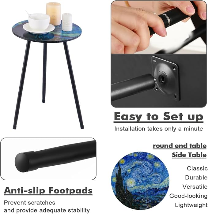 Outdoor Side Table Set of 2 Patio Side Tables for Outside Black End Tables Small Outdoor Table Round Patio End Table Metal Side Table Outside, Indoor, Bedroom, Living Room, Small Spaces, Starry Sky