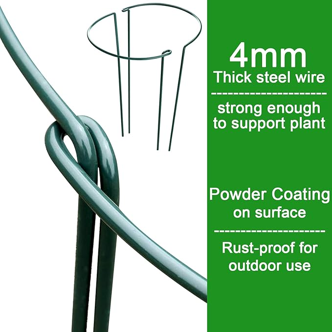 HiGift 8 Pack Plant Support Stakes, Half Round Metal Garden Plant Stake Indoor Peony Cages and Supports, Green Plant Support Ring Border for Tomato,Hydrangea,Flower Outdoor (10" Wide x 15.8" High)