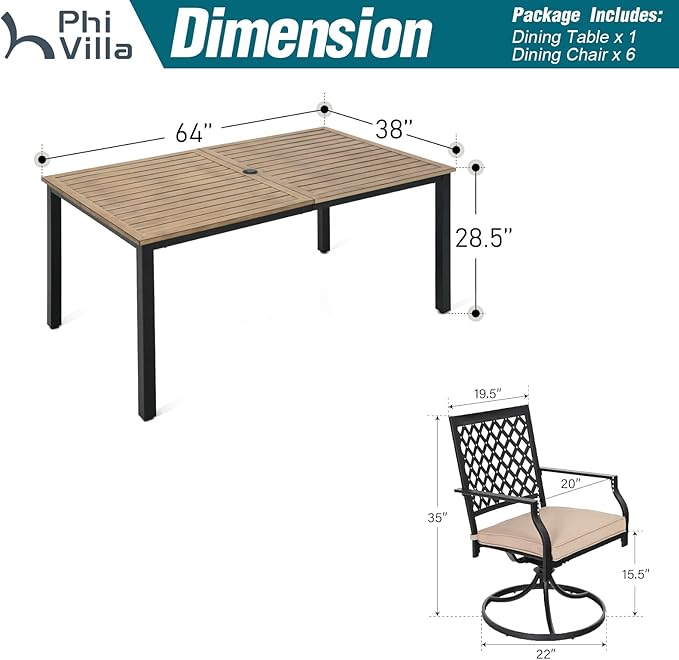 PHI VILLA 7 Pieces Outdoor Dining Set for 6, 65" Rectangle Metal Wood-Like Steel Table with Umbrella Hole & Swivel Wrought Iron Chairs, Outside Furniture Set for Patio, Deck, Yard, Porch