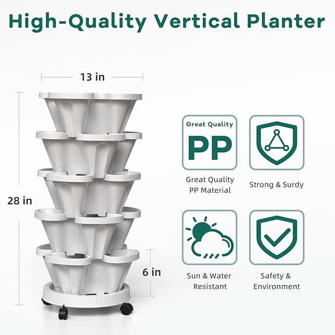 Strawberry Vertical Planters 5 Tiered, Stacking Tower Garden, Stackable Herb Vegetable Planters with Movable Casters and Bottom Saucer Indoor and Outdoor - White