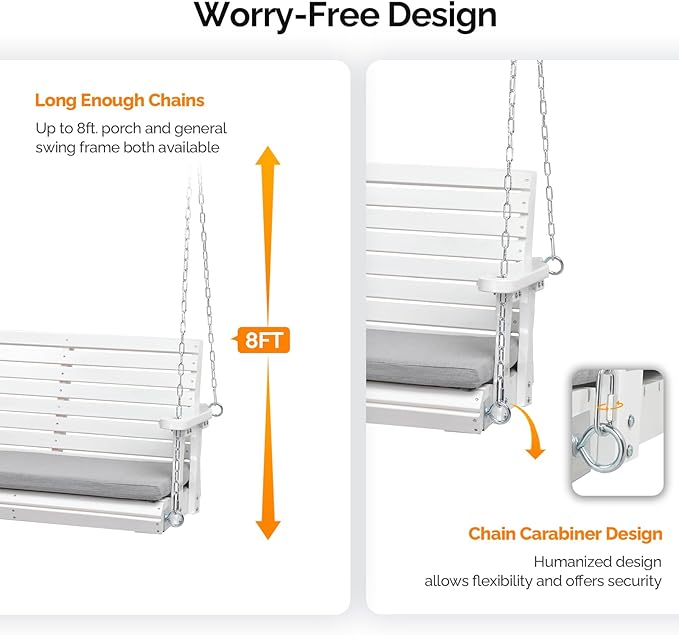 VINGLI Wooden Porch Swing, Heavy Duty 880 LBS Hanging Patio Bench with Extra Cushion for Lawn| Garden| Courtyard (White, 5 feet)
