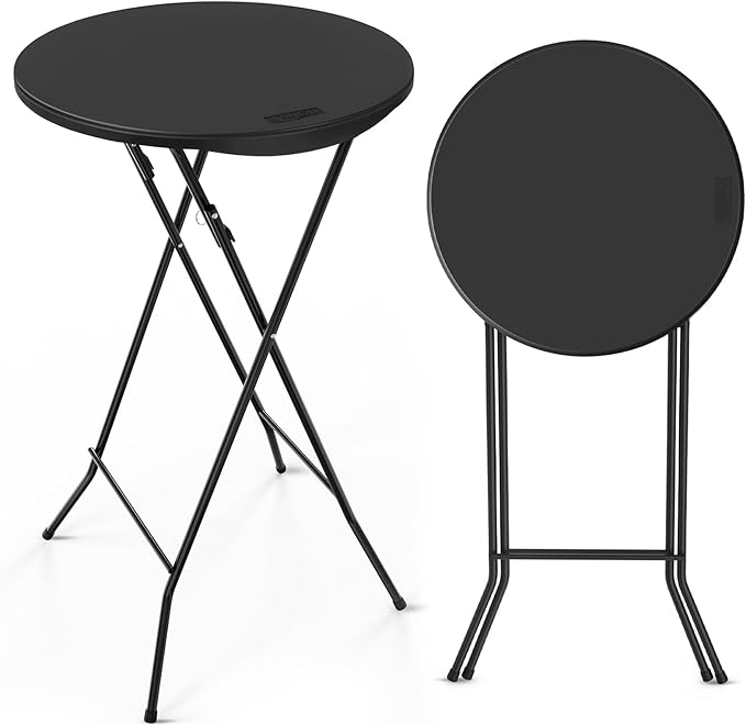 VINGLI 24" Plastic Folding Round Table Bar Height, HDPE Matrial with Gray Metal Finish, High Top Table for Outdoor Party, Cafes, Restaurants, Backyard, Dining Room, Wedding Event,1 Pack, Black