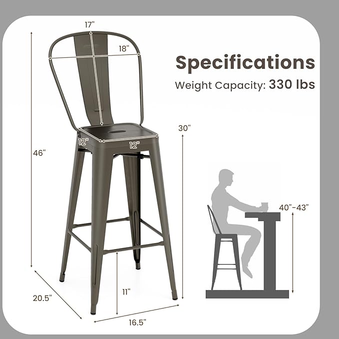 COSTWAY Metal Bar stools Set of 4, with Removable Back, 30'' Bar Height Stools with Rubber Feet, Stylish and Modern Chairs, for Kitchen, Dining Rooms, and Side Bar (Gun-Update, 30'')