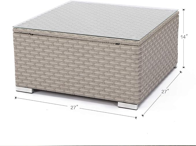COSIEST Outdoor Furniture Warm Gray Wicker Glass-Top Coffee Table for Expanding Sectional Sofa Set for Garden, Pool, Backyard