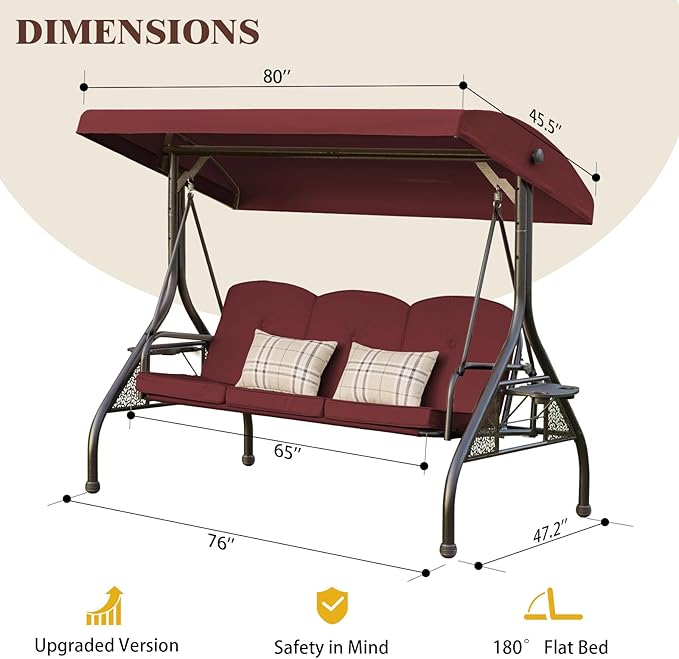 3-in-1 Convertible Outdoor Swing for Adults, Outdoor Porch Swing with Stand 800lb Bearing Capacity, 3-Seat Outdoor Swing with Canopy Adjustable, Thickened Cushions (Round, Wine Red)