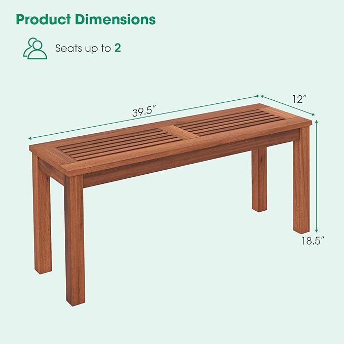 Tangkula Patio Wood Bench, 2-Person Solid Wood Bench with Slatted Seat, 39.5” Long Loveseat with Stable Wood Frame, Indoor Outdoor Dining Bench for Backyard, Poolside, Entryway (2)