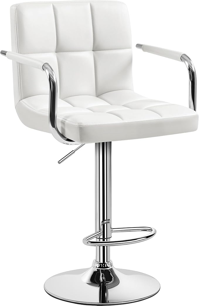 Yaheetech Bar Stools, PU Leather Adjustable Swivel Barstools, Hydraulic Kitchen Counter Height Bar Chairs with Armrest and Back for Bar, Kitchen, Dining Room, White