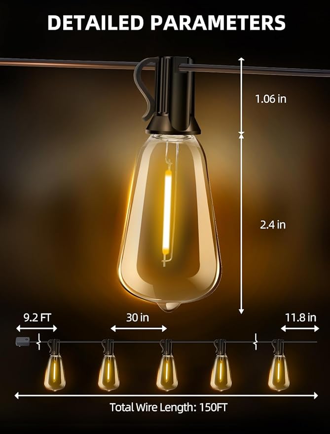 Outdoor Patio String Lights 150ft: ST38 LED Shatterproof Bulbs 3 Modes Button Control - Waterproof Connectable Lights - Wedding Bistro Party Gazebo Backyard Decorative