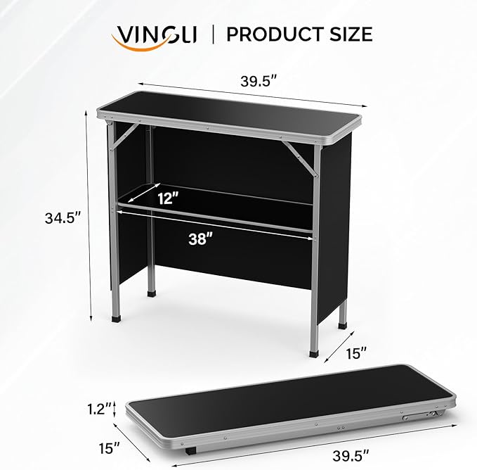 VINGLI Portable Bar Table, 2-Tier Shelves, Mobile Bar Table for Events, Party, Camping, Picnic, Tradeshow, Indoor with Black Skirt, 39 "L x 34" H