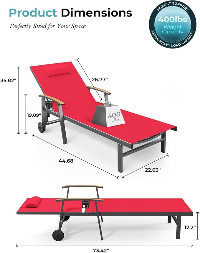 Ciokea Outdoor Lounge Chair with Pillow Set of 2, 5-Position Aluminum Chaise Lounge with Wheels & Armrests, 400 lbs Heavy Duty Patio Pool Chair for Backyard, Deck, Beach & Poolside, Red