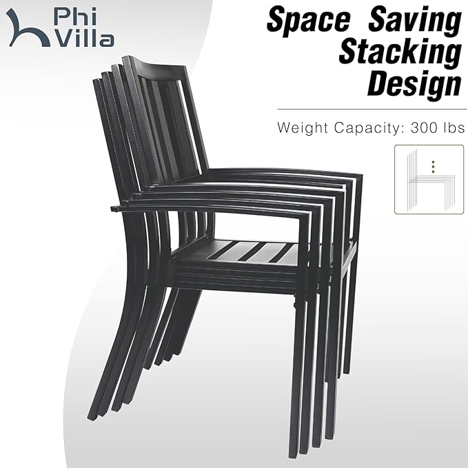 PHI VILLA 9 Pieces Outdoor Dining Set for 8, 60” Brown Wood-Like Square Metal Steel Table with Umbrella Hole & Stackable Wrought Iron Chairs, Large Outside Furniture for Patio, Deck, Yard, Porch