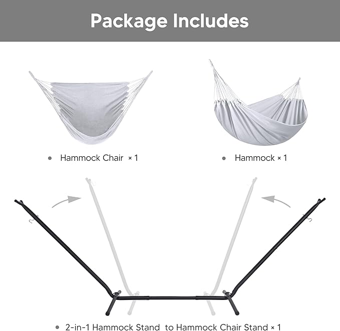 SUNCREAT 2-in-1 Convertible Extra Large Hammocks with Stand, Heavy Duty 2 Person Hammock for Outside with Stand, Patented, Light Gray