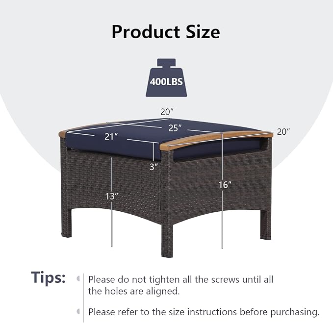RELAX4LIFE Outdoor Wicker Ottomans for Patio - 2 Pieces PE Rattan Ottoman, Footrest Seat with Zippered Cushions, Acacia Wood Handles, 3-in-1 Footstool, Side Table for Poolside, Backyard (Navy)