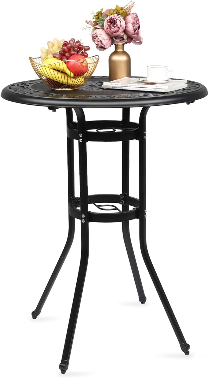 VINGLI Cast Aluminum Bar Height Patio Table with Umbrella Hole - Tall Outdoor Bistro Table, 32" Dia x 41" H (Black)