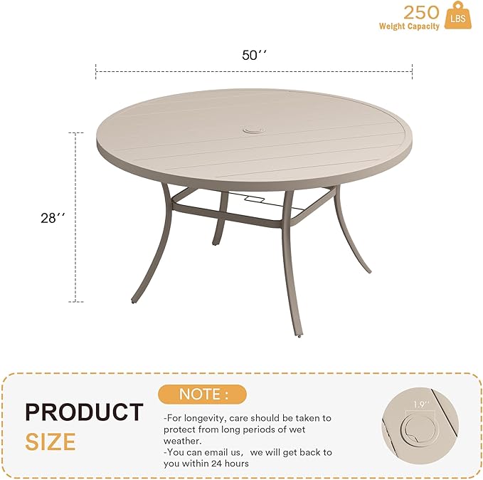 VICLLAX 50" Outdoor Round Patio Table with Umbrella Hole, All Weather Metal Round Outdoor Dining Table for Lawn Garden, 6-8 Person Table, Sandshell