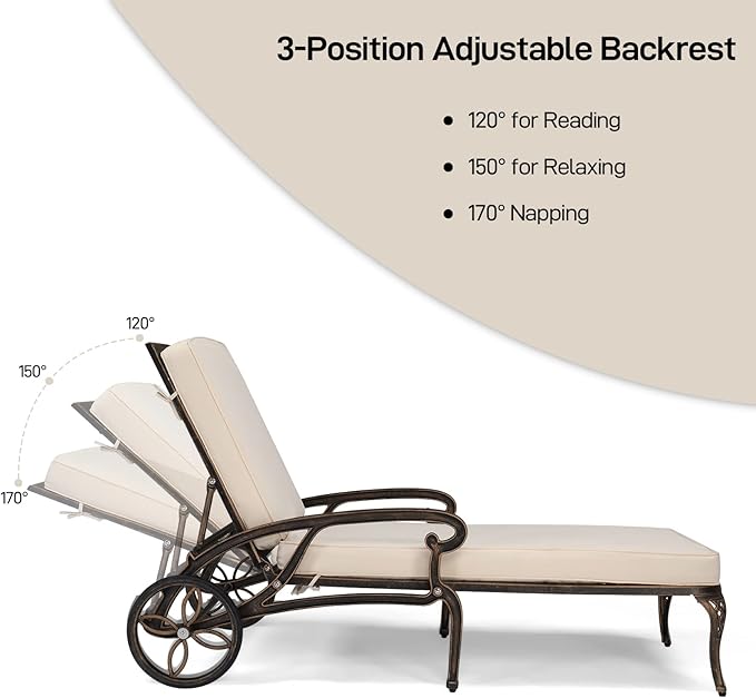 VINGLI Cast Aluminum Outdoor Chaise Lounge Chair with Wheels, Patio Chaise Lounge with 3-Position Adjustable Backrest, Tanning Chair Reclining Chair for Poolside (Bronze, with Cushion)