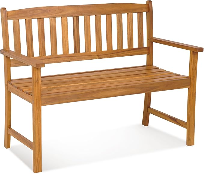 Tangkula Outdoor Acacia Wood Bench, 2-Person Garden Bench with Backrest and Armrests, Garden Bench with Slatted Seat for Porch, Park, Backyard, 800 Lbs Max Load, 43” L x 22” W x 34” H, Natural