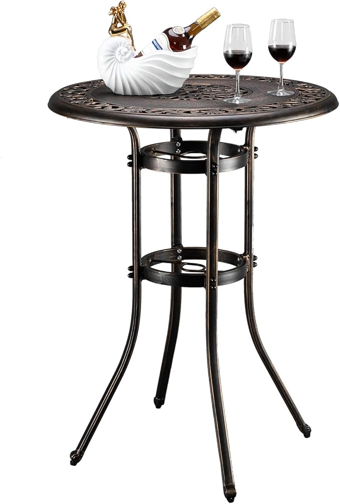 VINGLI Outdoor Bar Table, Cast Aluminum Bar Height Patio Table with Umbrella Hole, Patio Dining Table Tall Bistro Table Outdoor Furniture for Garden Porch Yard and Balcony 32" Dia x 41 H (Bronze)…