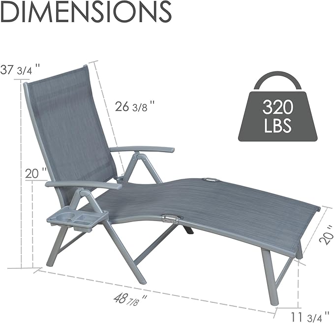 Kozyard Aluminum Outdoor Chaise Lounge Chair, Adjustable Reclining Patio Lounge with Drink Holder, Weather-Resistant Pool, Deck & Yard Recliner,Assemble-Free, Gray (Gray)