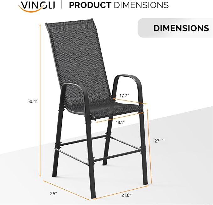 VINGLI Set of 2 Stackable Outdoor Bar Stools – Sling Chairs with High Back & Armrests, for Lawn, Garden, Bar, Black