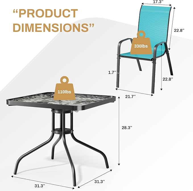 Arlopu 5 Piece Outdoor Patio Dining Set (Umbrella not Included), Porch Furniture with 4 Textline Chairs, 1 Square Glass Table for Garden, Backyard and Poolside, Lawn (Blue)