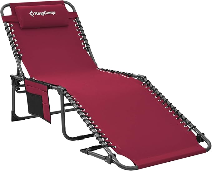 KingCamp Portable Folding Camping Cot Adjustable 4-Position Patio Reclining Lounger Chair with Pillow Pocket for Garden Yard Lawn Sunbathing Supports 265lbs