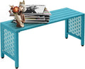 VINGLI 40in Outdoor Metal Bench, All-Weathe Backless Patio Bench with Slatted Seat＆Floral Side Panels, Rust-Resistant Garden Bench, Weatherproof Outdoor Seating for Porch Entryway Backyard (Blue)