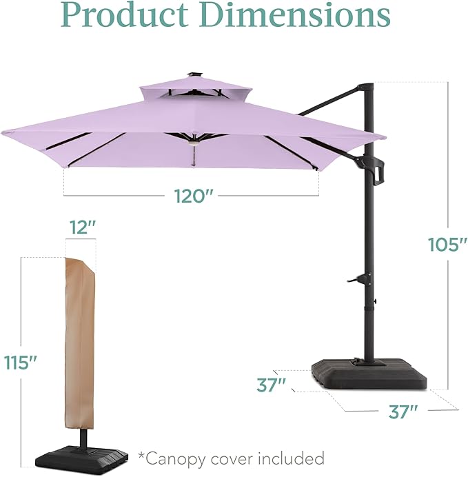 Best Choice Products 10x10ft Cantilever Patio Umbrella w/Base Included, Solar LED Lights 360 Rotation Large Offset Hanging Outdoor Shade for Deck Pool Backyard w/Stand – Lavender