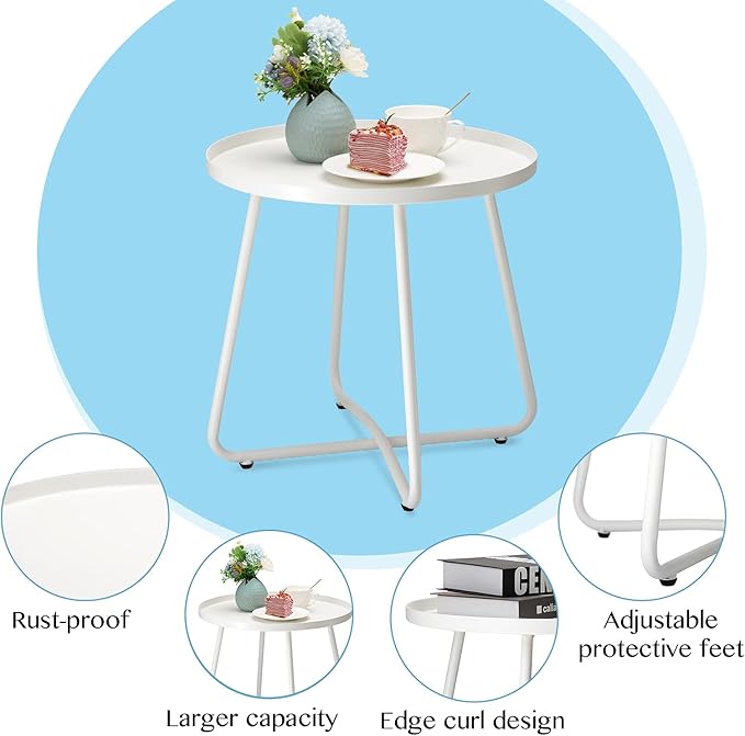 danpinera Outdoor Side Tables, Weather Resistant Steel Patio Side Table, Small Round Outdoor End Table Metal Side Table for Patio Yard Balcony Garden Bedside White