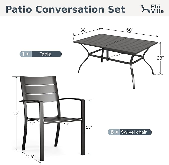 PHI VILLA 7 Pieces Outdoor Patio Dining Set for 6, 60”Rectangular Metal Steel Table with Umbrella Hole & Stackable Wrought Iron Chairs, Outside Furniture Set for Deck, Porch, Backyard