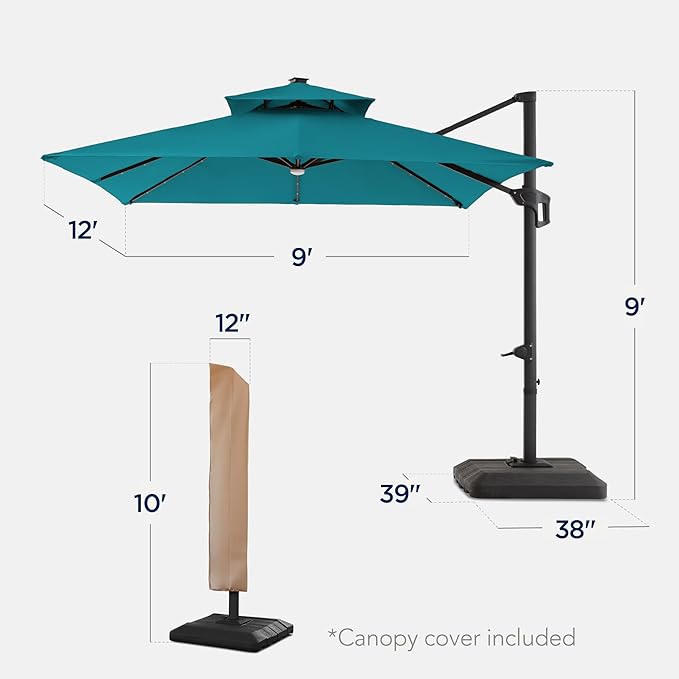 Best Choice Products 9x12ft LED Cantilever Patio Umbrella w/Base Included & 360° Rotation, Large Solar Offset Hanging Outdoor Sun Shade for Deck, Backyard Table w/Stand & Lights – Cerulean