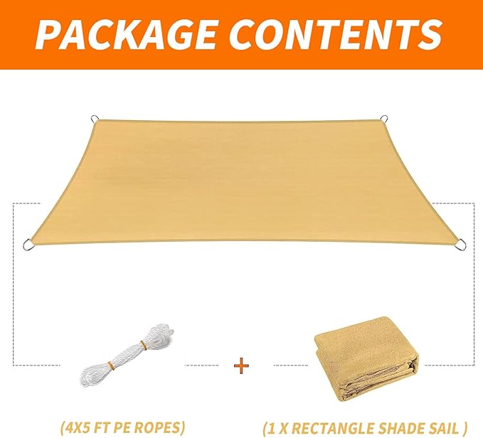 8' x 8' Sun Shade Sail Sand Curved Commercial Outdoor Shade Cover Sand Rectangle Heavy Duty Permeable 185GSM Backyard Shade Cloth for Patio Garden