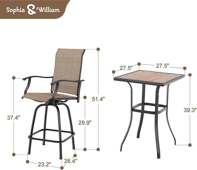 Sophia & William Outdoor Bar Set, Patio Bar Table & Chairs Set, Bar Height Patio Set - 2 x Swivel Bar Chairs(Brown), 1 x Square Bar Table(Wood-Like)