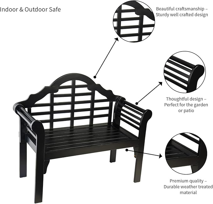 Plow & Hearth Weatherproof Lutyens Eucalyptus Wood Garden Bench | Foldable Patio Bench | Outdoor Furniture Seating for Porch Park Deck | Black