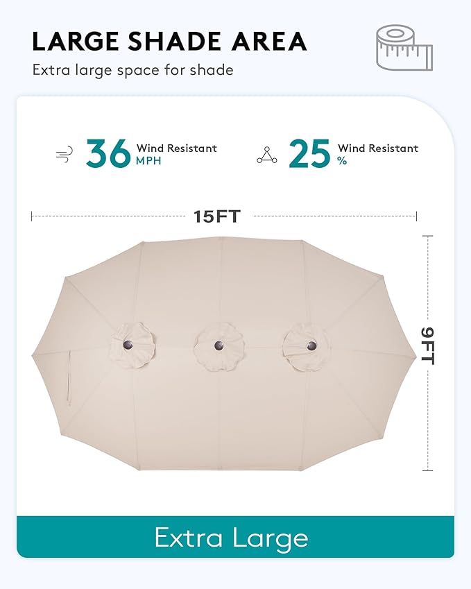 SERWALL 8-Piece Patio Dining Sets with 15FT Double Side Patio Umbrella, Outdoor HDPE Dining Furniture Set with Umbrella Hole Cut-Out Table and 6 Chairs, Brown（Umbreall Base not Included）
