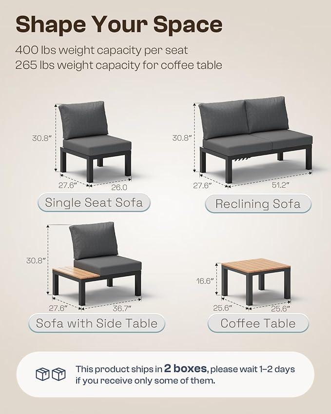 Aluminum Outdoor Patio Furniture Set, 4 Seats Modular Patio Sectional Sofa Set with Adjustable Backrest & Removable Cushions, All-Weather Outdoor Conversation Sets for Garden & Yard, Graphite