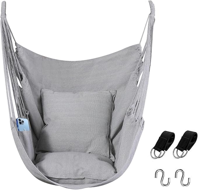 Goutime Hammock Chair, Boho Hanging Rope Ceiling Swing, Macrame Hanging Swinging Chair for Indoor,Outdoor,Bedroom,Outside,Garden,Balcony,Yard,Deck,Max 330 Lbs (Gray)