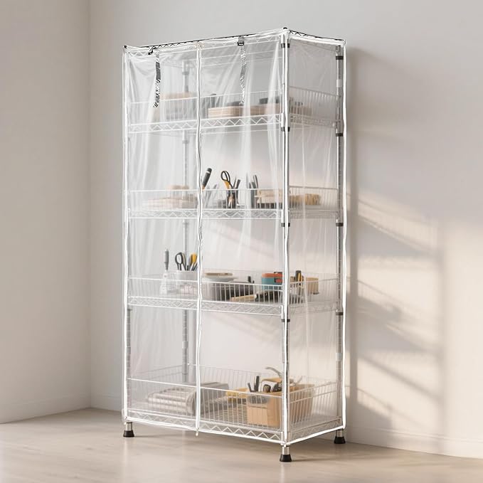 Waterproof Shelf Cover,Durable Dustproof Storage Wire Rack Covers,Outdoor Shelving Covers for Wire Shelves with Zipper 36''x18''x72'',Clear,Cover Only