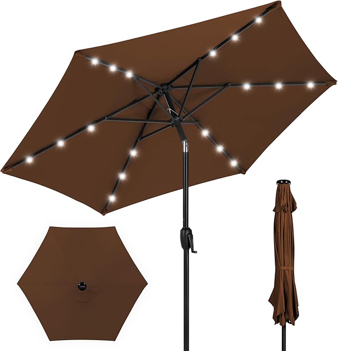 Best Choice Products 7.5ft Outdoor Solar Market Table Patio Umbrella for Deck, Pool w/Tilt, Crank, LED Lights - Brown