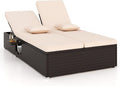 Tangkula Outdoor Rattan Daybed with 6-Level Adjustable Backrests, 2-Person Adjustable Wicker Recliner Bed with Cushions & Folding Side Trays, Double Sunbed Lounger for Balcony, Backyard & Poolside
