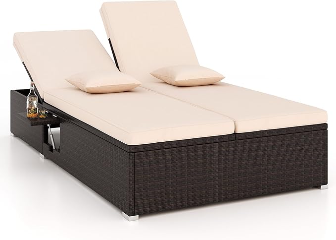 Tangkula Outdoor Rattan Daybed with 6-Level Adjustable Backrests, 2-Person Adjustable Wicker Recliner Bed with Cushions & Folding Side Trays, Double Sunbed Lounger for Balcony, Backyard & Poolside