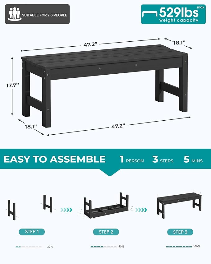 SERWALL 47 Inches Outdoor Bench Set of 2, All Weather HDPE Backless Bench with Wood Grain Texture for Garden Porch and Park, Curved Bench Seat for Comfort, Black