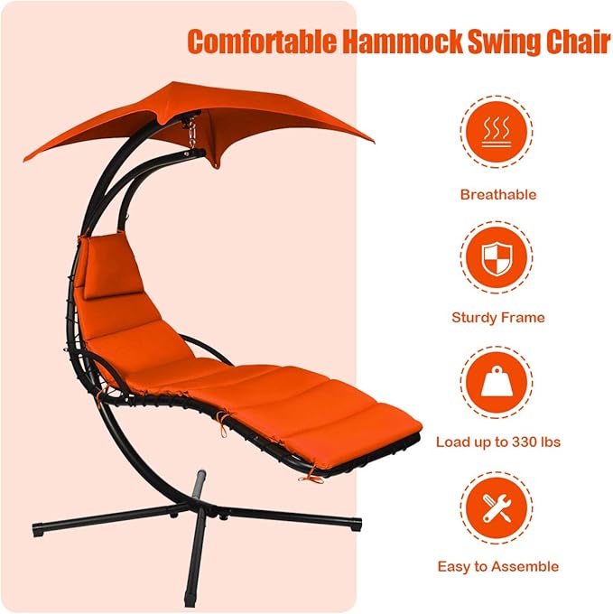 Giantex Hanging Chaise Lounger Chair, Arc Stand Porch Swing Chair w/Canopy, Cushion Built-in Pillow, Outdoor Freestanding Swing Hammock Chair for Patio Poolside Backyard Garden (Orange)