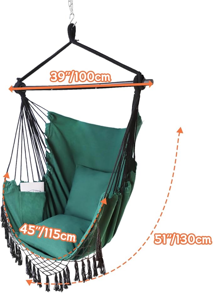 Hammock Chair Hanging Rope Swing Chair,Max 450 Lbs, Large Hanging Chair with Pocket, 2 Cushions, Removable Steel Bar, Hardware Kit Included, Superior Comfort for Indoor Outdoor (Dark Green)