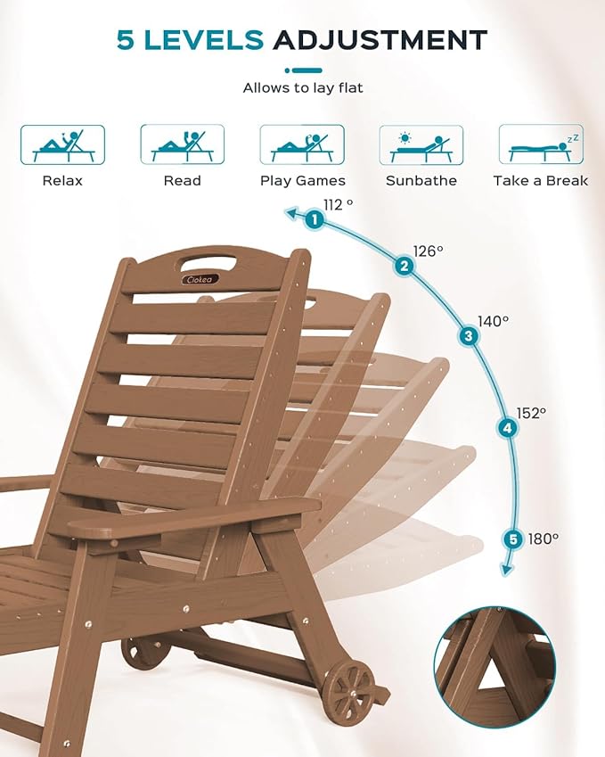 Outdoor Chaise Lounge Chair Set of 2, Patio Lounge Chairs for Outside, HDPE Lounge Chair with Wheels & Cup Holder, Poly Chair with 5 Position for Poolside, Deck, Brown