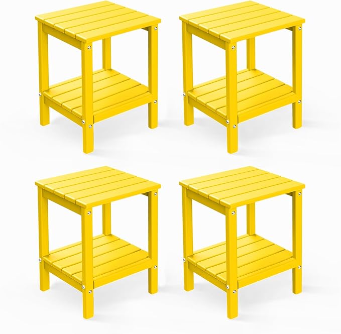 GREENVINES Adirondack-Outdoor-Side-Table | Set of 4 | 14 x 13 Inches | HDPE Plastic | All Weather | Yellow | Outside End Tables | Storage Shelf | for Patio Porch Backyard Indoor