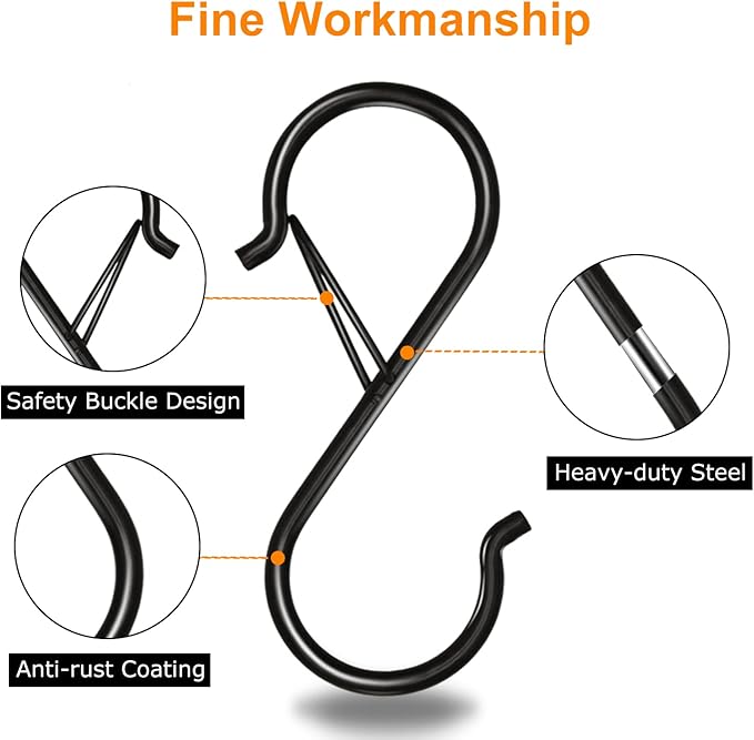 8 Pack S Hooks for Hanging, 3.5 inch Heavy Duty Metal S Hooks with Safety Buckle S Shaped Hooks Pot Rack Closet Hooks for Hanging Plants, Clothes, Kitchen Utensil, Pots, Pans, Bags (Black)