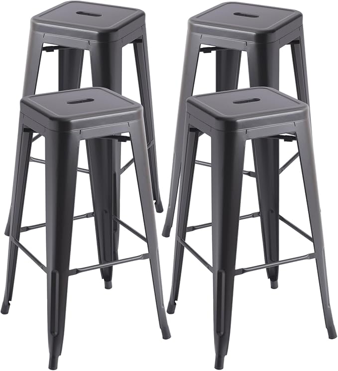 Stackable Metal Bar Stool Backless Indoor-Outdoor Counter Stools Fullmetal Dinning Chairs Set of 4 (Black, 30 Inch)