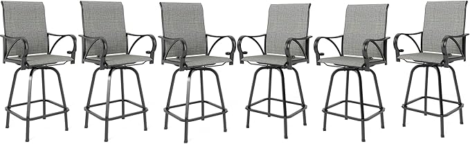 MFSTUDIO Outdoor Bar Stools Set of 6, Swivel Bar Height Patio Chairs Outdoor Barstools High Top Patio Swivel Bar Chairs with Armrest, Breathable Textilene, Grey