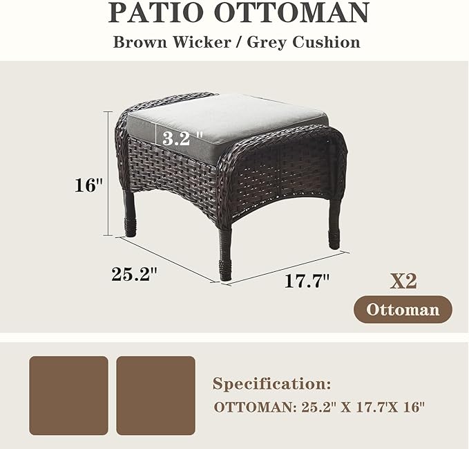 Belord Outdoor Ottomans for Patio Foot Rest - 25 Inch PE Wicker Foot Stool Set of 2 with Removable Cushions for Patio Furniture Sets,All Weather Rattan Ottoman for Balcony Deck Backyard Brown